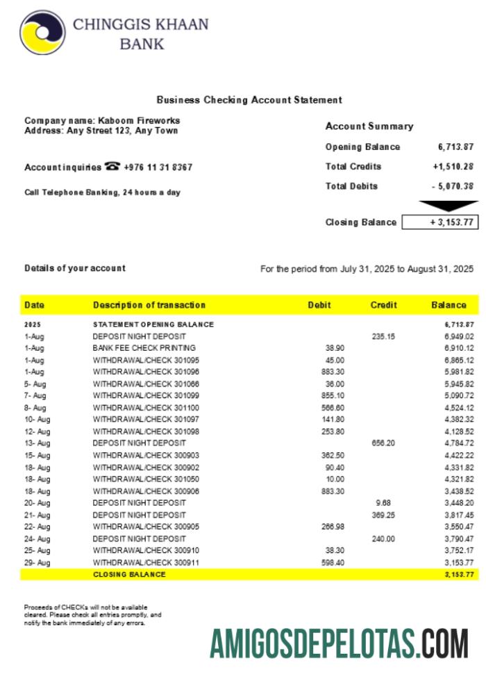 Realista Chinggis Khaan Company Extrato de conta corrente modelo Word e PDF (1)